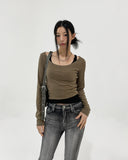 [U-BASIC] Lend off U-neck basic crop long sleeves