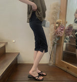 Back Pocket Capri Three Quarter Span Slit Cotton Pants