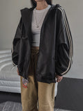 Track shirring leather hooded jacket