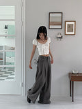 Haron Side Ribbon Strap Pintuck Long Wide Slacks