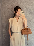 [Two-piece set] Rubia PintuckSleeveless Blouse Belt Wide Pants