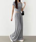 One Off-Shoulder T-shirt Two Pin Tuck Maxi Wide Pants Two Piece Set