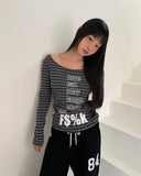 Muang Stripe Print One-Off Shoulder Long Sleeve T-Shirt