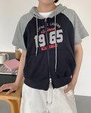 Heiru lettering crop two-way short sleeve hood zip-up