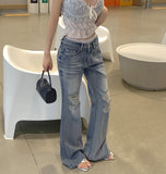 Catbrush Washing Ripped Jeans Semi-Bootcut Denim Pants
