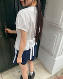 Jenny Round Collar Pin Tuck Lace Puff Short Sleeve Blouse