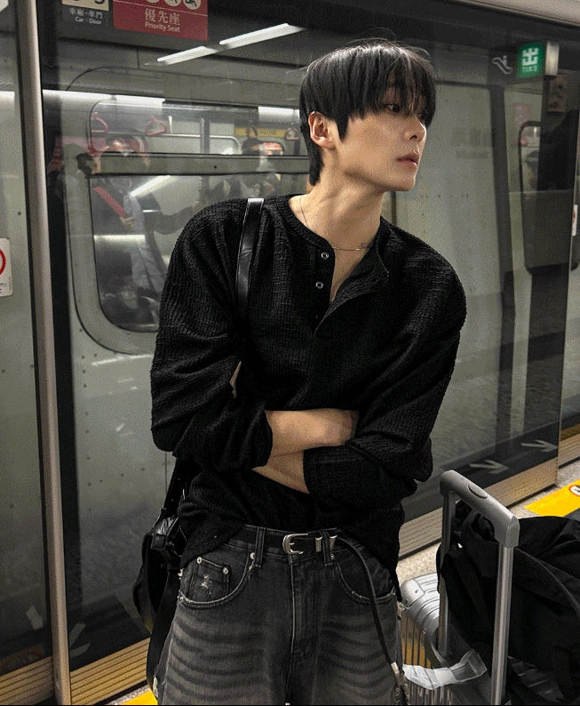 【COSYHARU】Tweed Henley Neck Long Sleeve Tee COSYHARU (コシハル) - ツイードヘンリーネック長袖Tシャツ