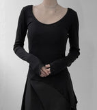Frill Deep Round Neck Long Sleeve Tee