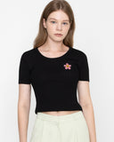 Pink Flower Dot Embroidery Crop Short Sleeve Knit