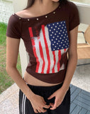 Richin American Flag Stud Rivet Unbalanced Off-shoulder Short Sleeve T-shirt