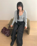 Sera Shirring Lace Ribbon Crop Long Sleeve Sleeveless Cardigan Set