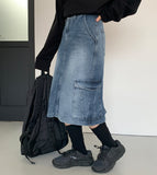 Senpo cargo denim midi skirt