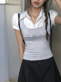 Mindum Fake Layered Shirring Bustier Puff Shirt