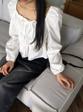 Ruson Puff Ribbon Shirred Square Neck Long Sleeve Blouse