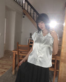 Nerine Dot Ribbon Puff Satin Blouse