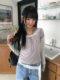 Deto Shirring Heart Neck Lace Ribbon Short Sleeve T-Shirt