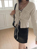 Dati Strap Shirring Ribbed Long Sleeve Cardigan