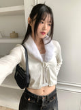 Kimme Collar Fur Ribbon String Long Sleeve Cardigan