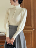 Levin Puff Pearl Button Frill Lace Turtleneck Knit