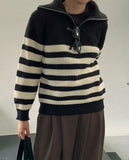 Lovely stripe collar half zip-up knit