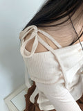 Twill Ribbon Strap Off-Shoulder Slit Cropped Long Sleeve T-Shirt