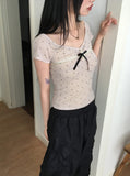 Billie Dot Lace Ribbon See-Through Short-Sleeved T-Shirt