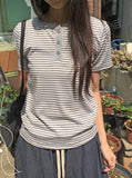 Denida Stripe Button Short Sleeve Tee
