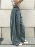 [A/M] Ruched Side Pintuck Washing Wide Denim Pants
