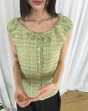 Linda Check Pintuck Ribbon Frill Blouse