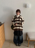 Kyuen Stripe Wool V-Neck Hood Knit