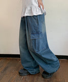 Senmo washed denim banding wide cargo pants