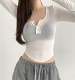 U-neck button-down see-through slim fit t-shirt