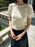 Beuwal Flower Corsage Round Crop Short Sleeve Knit