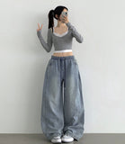 Folding Pin Tuck Hem Snap Balloon Fit Wide Fit Banding Denim Pants