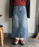 Wimin Washed Denim Long Skirt