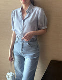 Two Pin Stripe Puff Short Sleeve Shirt Blouse
