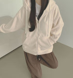 Loose Fit Two-Way Soft Embroidered Hood Zip-Up