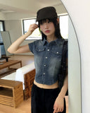 Markle pocket slim washed denim cropped short-sleeved shirt