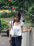 Amu Lace Frill Button Puff Short Sleeve Blouse