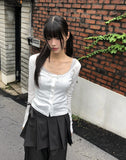 Giru Ribbon Lace Punching Long-Sleeve Cardigan