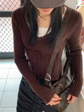 Nakky Vintage V-Neck Ribbon String Punching Ribbed Crop Long Sleeve Knit