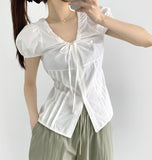 Balloon Soft Fit Ribbon Strap Short Sleeve Blouse