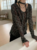 [Scarp set] Feld Checkered See-through Shirring Long Sleeve T-shirt
