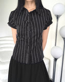 Giol Geek Chic Stripe Shirring Puff Short-Sleeved Shirt