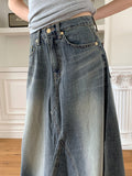 Lazer cut patch maxi denim long skirt