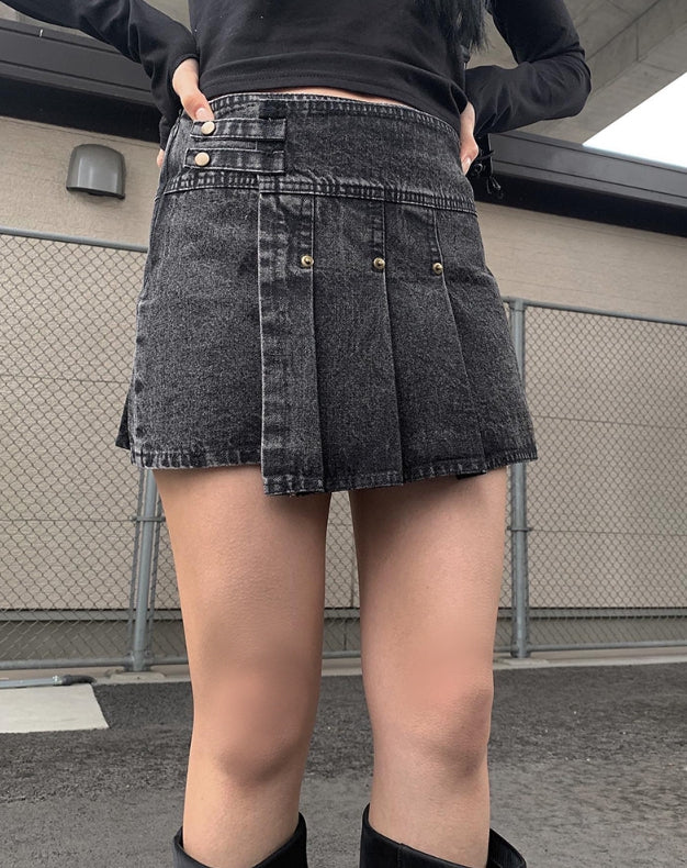 【Anyone more】Dezo Black Denim Pleated Skirt Anyone more (エニワンモア) - デゾブラックブルーデニム