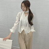 Waist Strap Neck Tie Balloon Puff Blouse