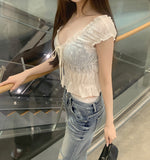 Feminine Sexy Ribbon Shirring Smoked Banding Sleeveless Blouse