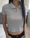 Soming Flower Round Collar Frill Short Sleeve T-Shirt