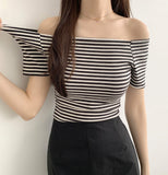 Stripe Span Off-shoulder Slim Fit Basic Length Short Sleeve T-shirt